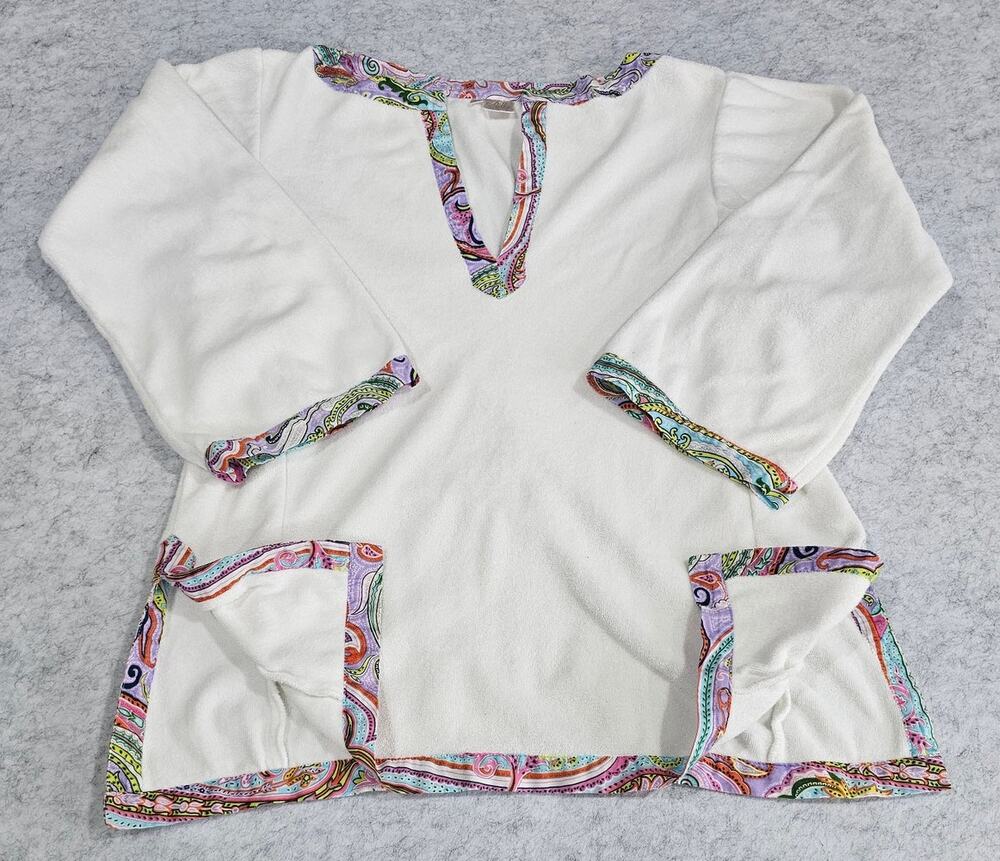 Milly Cabana Cover up, Terry Cloth, Split Hem, V Neck, Colorful Hems, Warm, Sz L